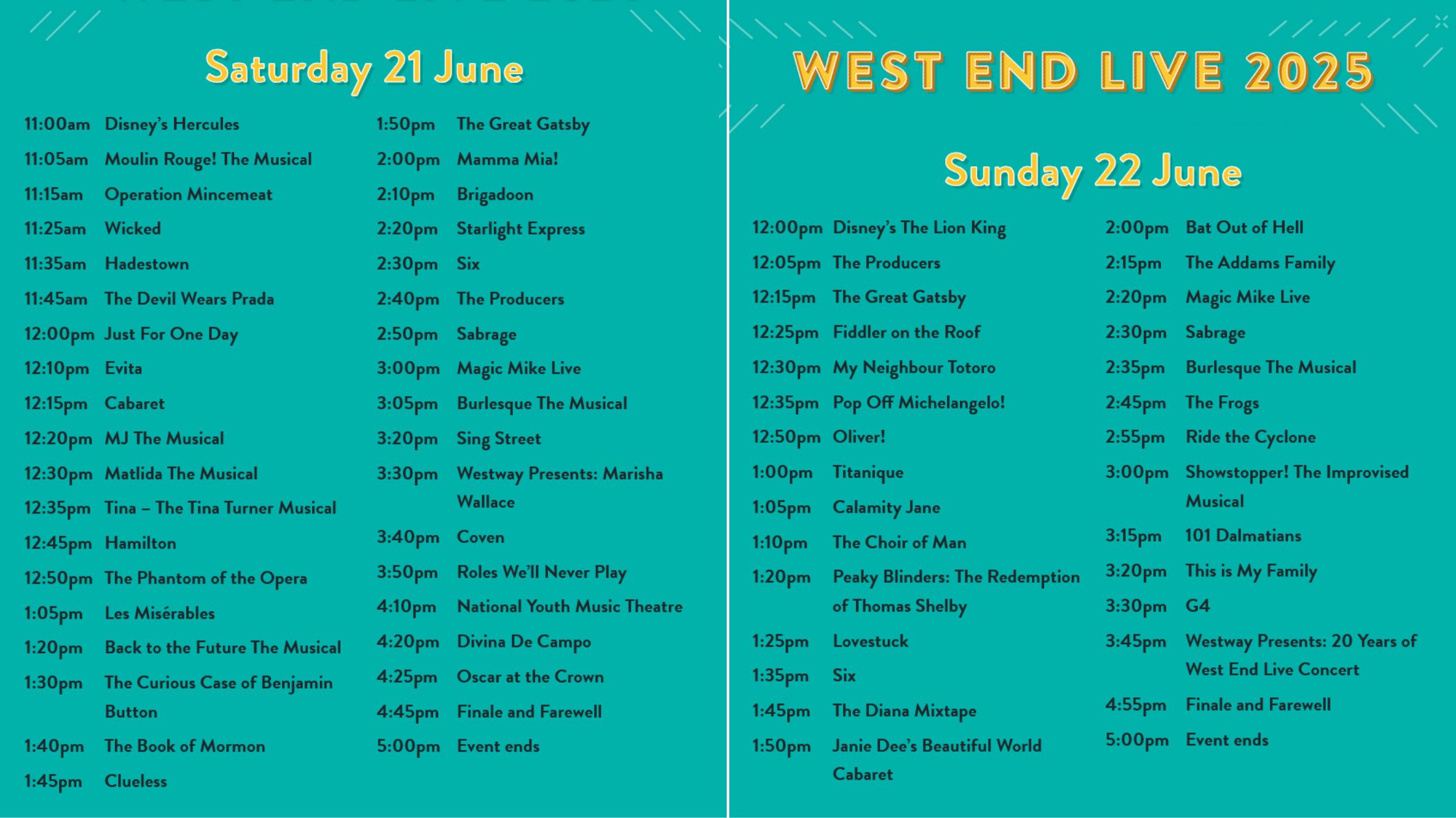 West End Live schedule